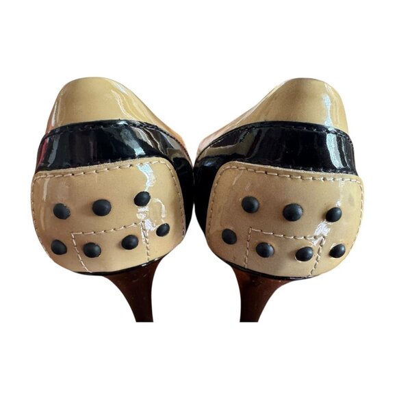 TOD'S Women's Sz 37 US Sz 6.5 Tan & Black Patent Leather Peep Toe Heels - Picture 10 of 15